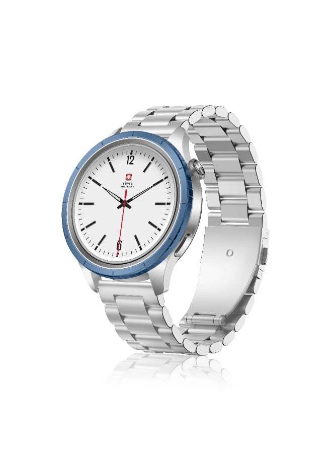 SWISS MILITARY DOM8 Smartwatch, 1.43” AMOLED Display, Bluetooth Calling, Silver Metal Strap + Extra Silicone Strap, IP67, Health Tracking, Multi-Sport, Wireless Charging, iOS & Android (Blue Ring)
